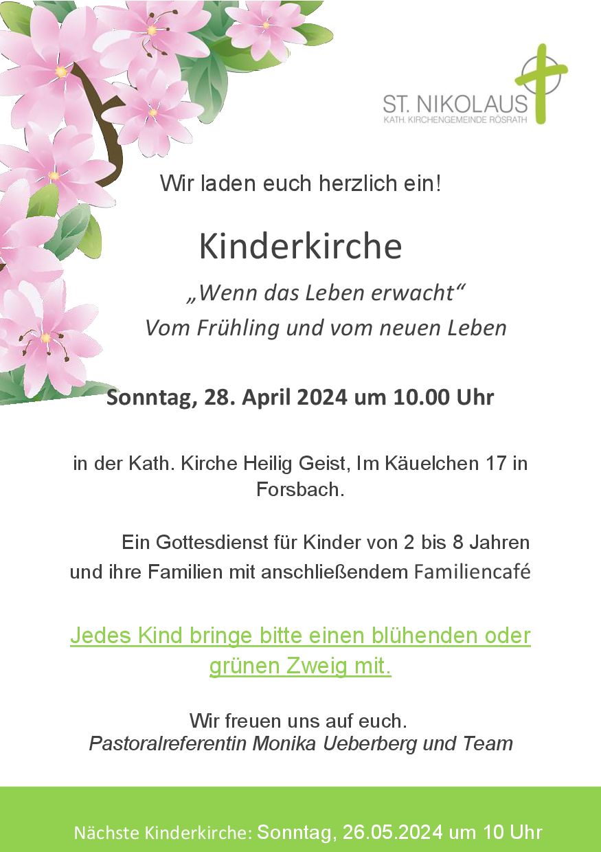 Einladung Kinderkirche am 28.04.24 (c) Kath. Kirchengemeinde St. Nikolaus Rösrath